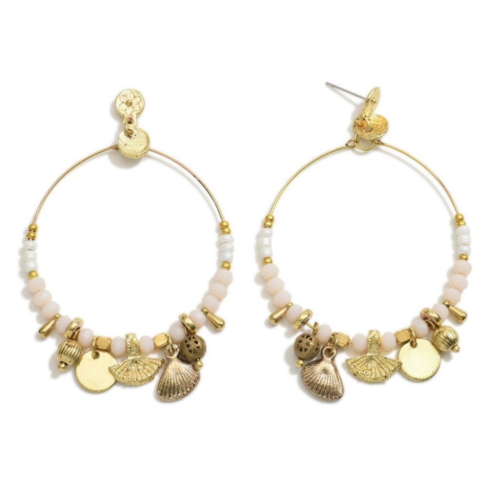 Beaded Metal Tone Hoop Drop Earrings Gold and Pearl